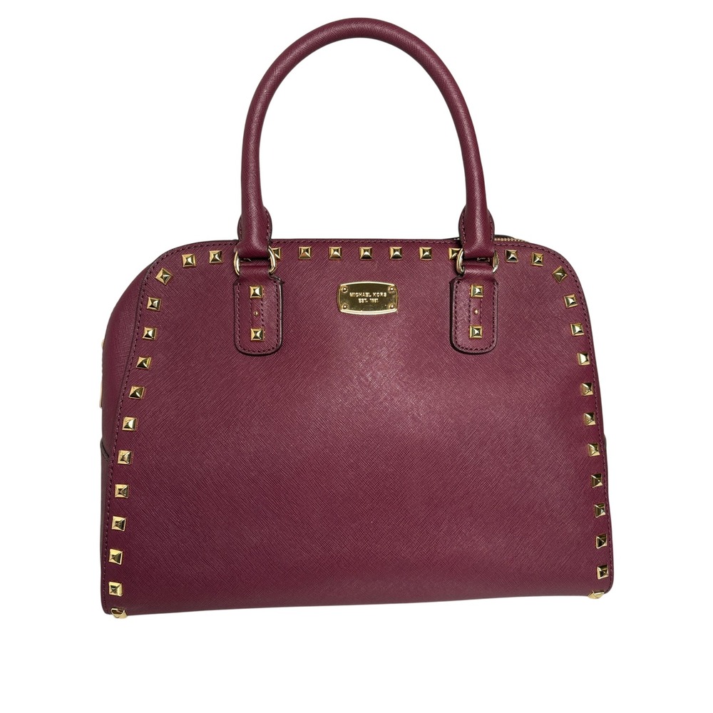 Michael Kors Cindy Dome Satchel Plum Saffiano Leather Studded bag Gold Hardware
